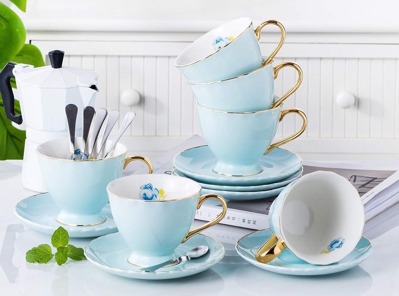 Jusalpha Fine China Tea Cup and Saucer Coffee Cup Set with Saucer and Spoon Set of 6 FDTCS02 blue 6 7oz - Image 4