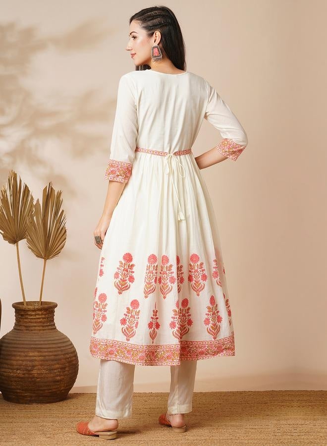 Globus Floral Printed Waist Tie-Up A-Line Ethnic Kurta - Image 3