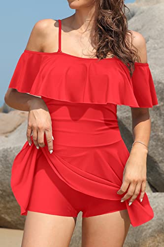 SHEKINI Women's Off-Shoulder Ruffled Flounce Swim Skirt Ruched One Piece Swimdress (Red, Small) - Image 4