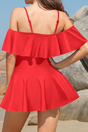 SHEKINI Women's Off-Shoulder Ruffled Flounce Swim Skirt Ruched One Piece Swimdress (Red, Small) - Image 3