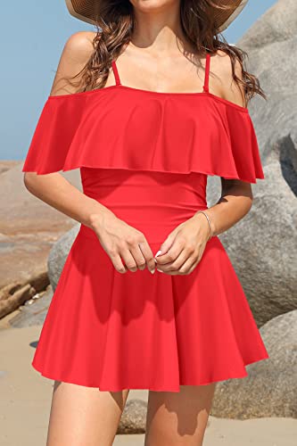 SHEKINI Women's Off-Shoulder Ruffled Flounce Swim Skirt Ruched One Piece Swimdress (Red, Small) - Image 2