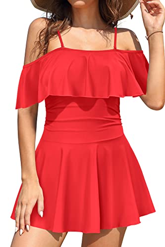 SHEKINI Women's Off-Shoulder Ruffled Flounce Swim Skirt Ruched One Piece Swimdress (Red, Small) - Image 1