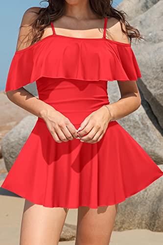 SHEKINI Women's Off-Shoulder Ruffled Flounce Swim Skirt Ruched One Piece Swimdress (Red, Small) - Image 5