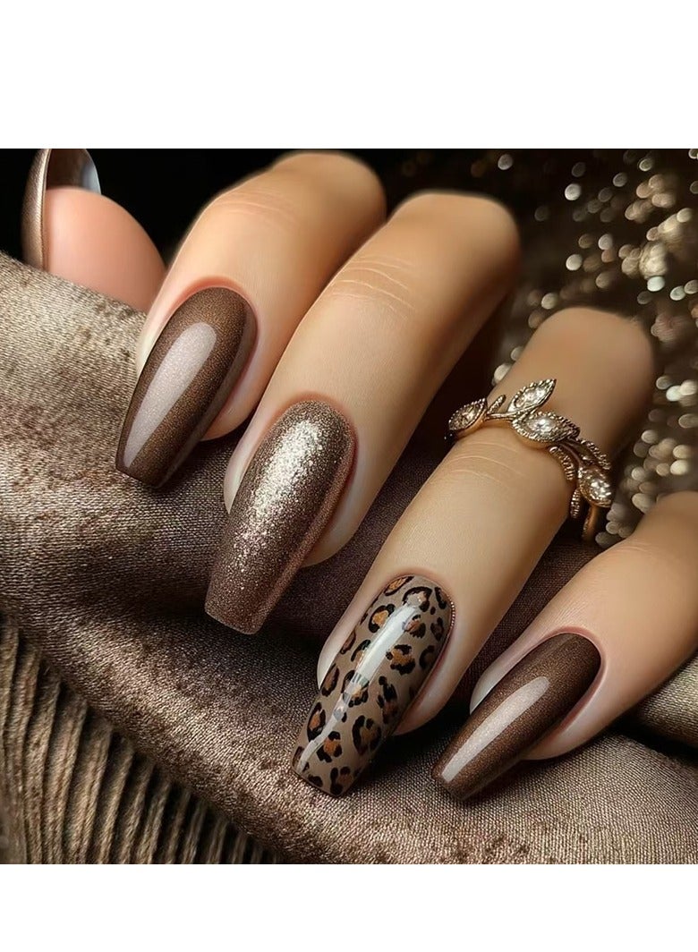 24 Pcs Caramel Glitter Leopard Print Press-on Nails for Women and Girls, Medium Length Stick-on Nails, False Nails with Glossy Finish, Trendy Manicure Set - Image 1