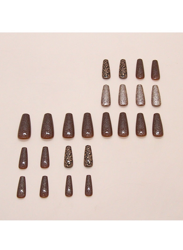 24 Pcs Caramel Glitter Leopard Print Press-on Nails for Women and Girls, Medium Length Stick-on Nails, False Nails with Glossy Finish, Trendy Manicure Set - Image 2