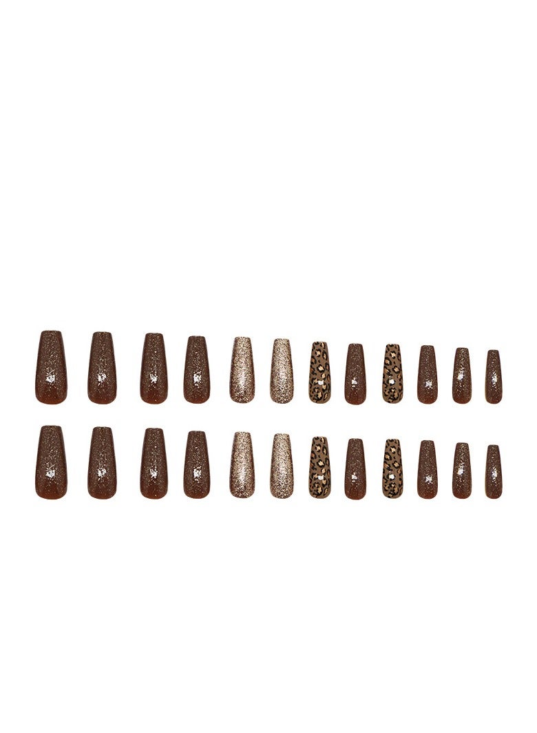 24 Pcs Caramel Glitter Leopard Print Press-on Nails for Women and Girls, Medium Length Stick-on Nails, False Nails with Glossy Finish, Trendy Manicure Set - Image 4