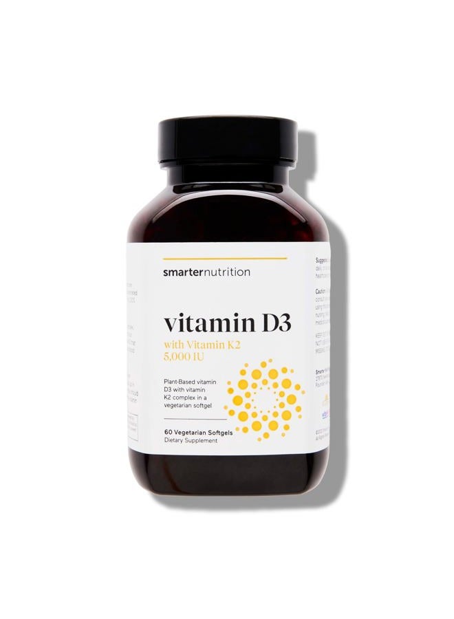 SMARTERNUTRITION Smarter Nutrition Vegan Vitamin D3 5000 IU + Vitamin K2 1100 mcg with Organic Coconut & Olive Oil - D3 K2 Supplement for Immune Support & Bone Health in a Vegan Softgels - 60 Count [30 Day Supply] - Image 1