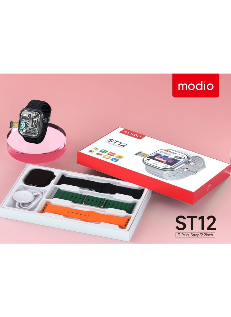 modio Modio ST12 Smart Watch 2.2 Inch Full Screen Display With 4G SIM card Support 3 Pair Straps and Wireless Charger For Ladies and Gents Black  - Image 4
