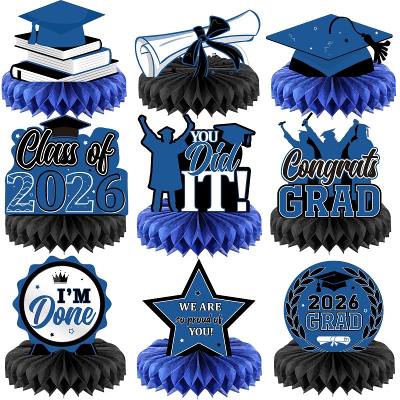 Yisong 9 Pieces 2026 Graduation Party Table Decorations Class of 2026 Congrats Graduation Centerpieces for Tables Congratulate Honeycomb Centerpiece Topper for Grad Party SuppliesBlue - Image 3