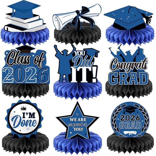 Yisong 9 Pieces 2026 Graduation Party Table Decorations Class of 2026 Congrats Graduation Centerpieces for Tables Congratulate Honeycomb Centerpiece Topper for Grad Party SuppliesBlue - Image 1