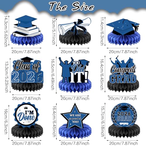 Yisong 9 Pieces 2026 Graduation Party Table Decorations Class of 2026 Congrats Graduation Centerpieces for Tables Congratulate Honeycomb Centerpiece Topper for Grad Party SuppliesBlue - Image 5