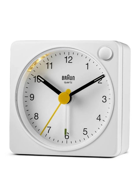 Braun Classic Travel Analogue Clock with Snooze and Light, Compact Size, Quiet Quartz Movement, Crescendo Beep Alarm in White, Model BC02XW, One