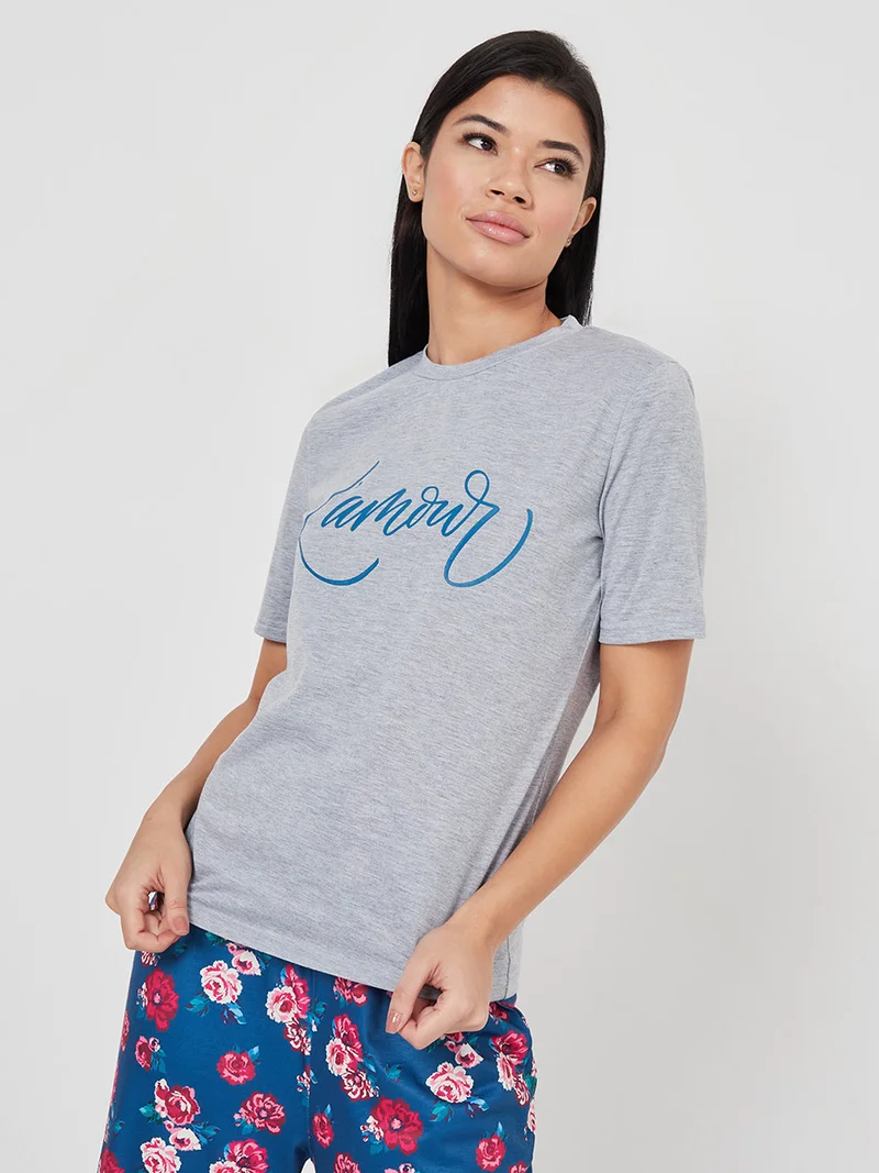 Styli Lamour Slogan T-shirt and Rosey Floral Print Pyjama Set