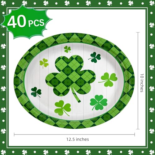 VEIZEDD 40 Pack St Patrick’s Day Plates 12 x 10 Inch St Patricks Paper Plates - Green & White Shamrock Large Disposable Dinner Platters for St Patricks Party Decorations - Image 2