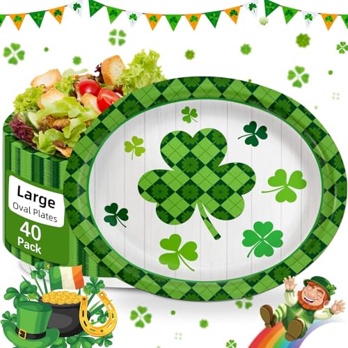 VEIZEDD 40 Pack St Patrick’s Day Plates 12 x 10 Inch St Patricks Paper Plates - Green & White Shamrock Large Disposable Dinner Platters for St Patricks Party Decorations - Image 1
