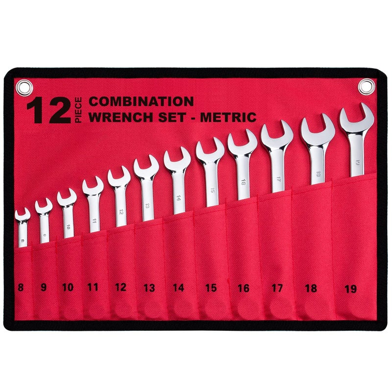 12Piece Metric Combination Wrench Set in Rollup Pouch NonSkip Sizes 8mm 19mm Chrome Vanadium Steel with Mirror Finish Ideal for General Household Garage Workshop Auto Repairs and Much More