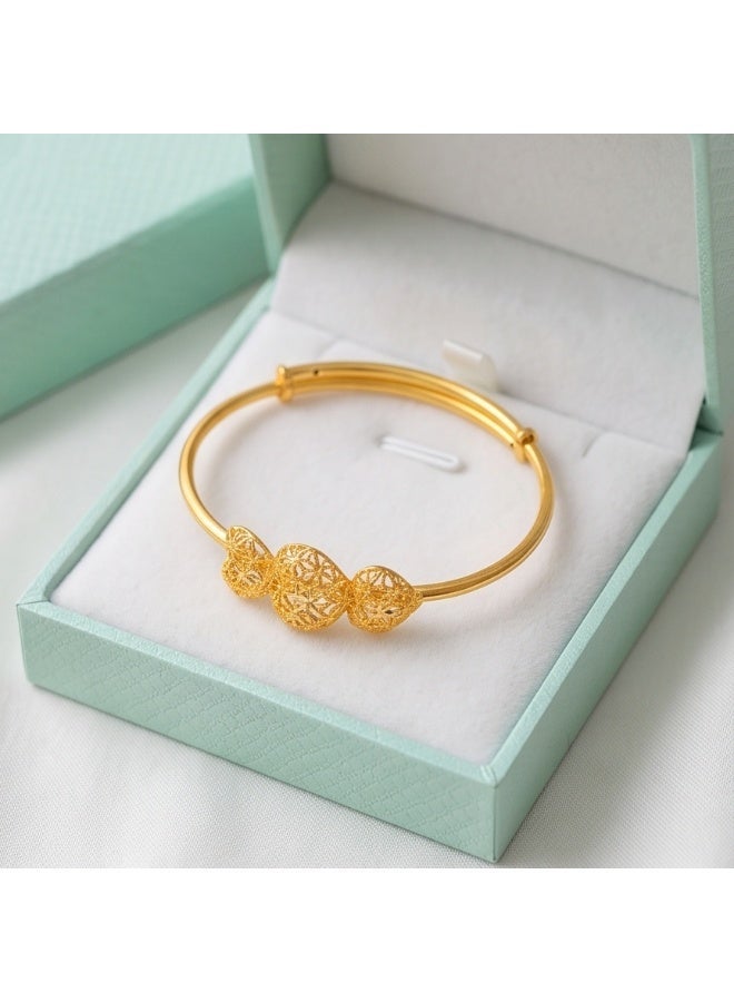 Bafleh Jewellery 21K Gold Adjustable Baby Bangle with Filigree Heart Trio - Image 2