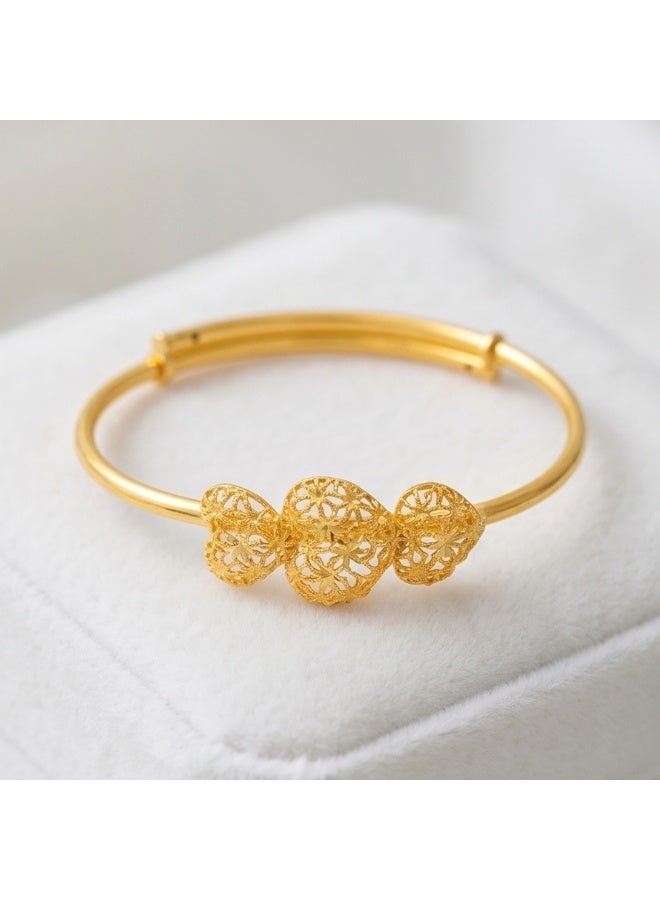 Bafleh Jewellery 21K Gold Adjustable Baby Bangle with Filigree Heart Trio - Image 1