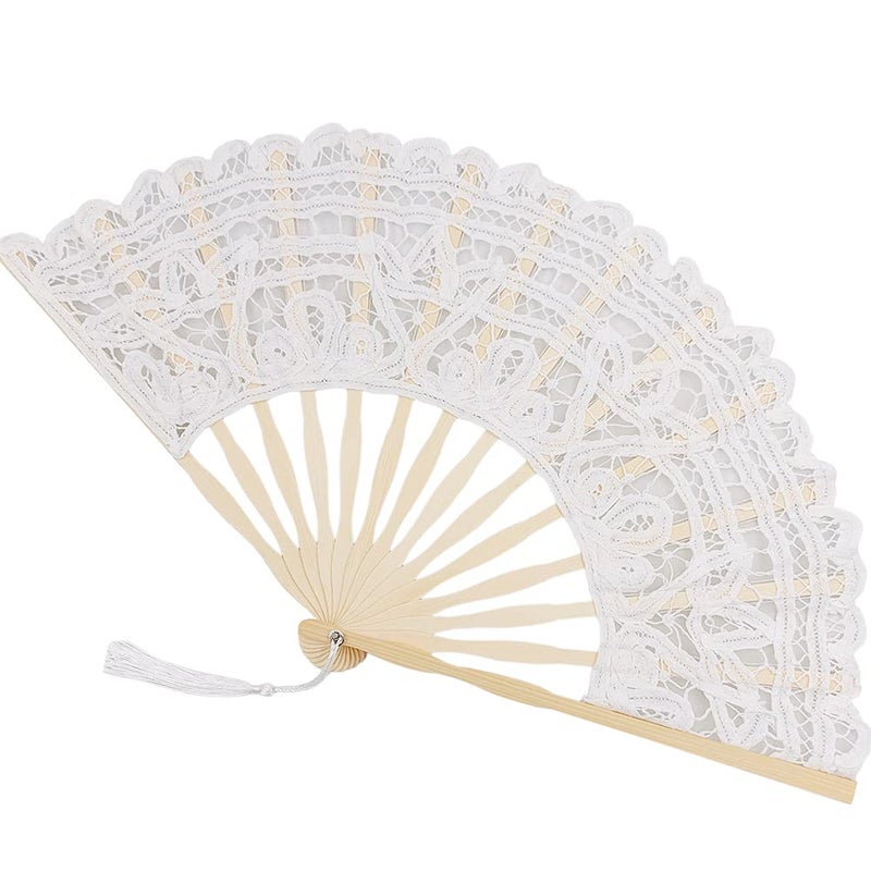 Propupy Folding Hand Fan Womens Lace Fan Elegant Cotton Fan Handmade Vintage Retro Fan with Bamboo Staves and Silk Tassels for Wedding Bridal Shower Dancing Party White