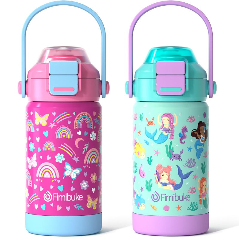 Fimibuke Kids Insulated Water Bottle with Pop-Open Straw & Spout 2-in-1 Lid, 14oz Leak Proof 18/8 Stainless Steel Vacuum Tumbler, BPA-Free Kids Cup For Travel School Girls Boys Toddler 2Packs - Image 1