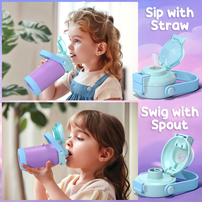 Fimibuke Kids Insulated Water Bottle with Pop-Open Straw & Spout 2-in-1 Lid, 14oz Leak Proof 18/8 Stainless Steel Vacuum Tumbler, BPA-Free Kids Cup For Travel School Girls Boys Toddler 2Packs - Image 3