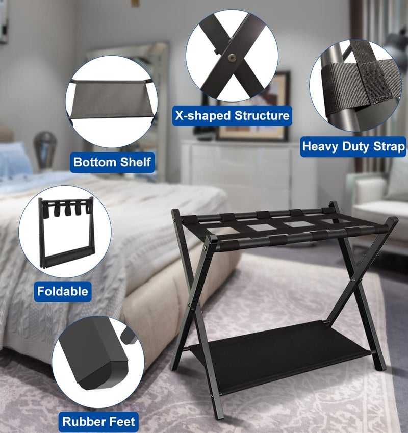Queension Folding Luggage Rack Stand with Shelf for Guest Room, Foldable Metal Suitcase Storage Caddy Holder for Bedroom Hotel Essentials, Black, 1pack - Image 3