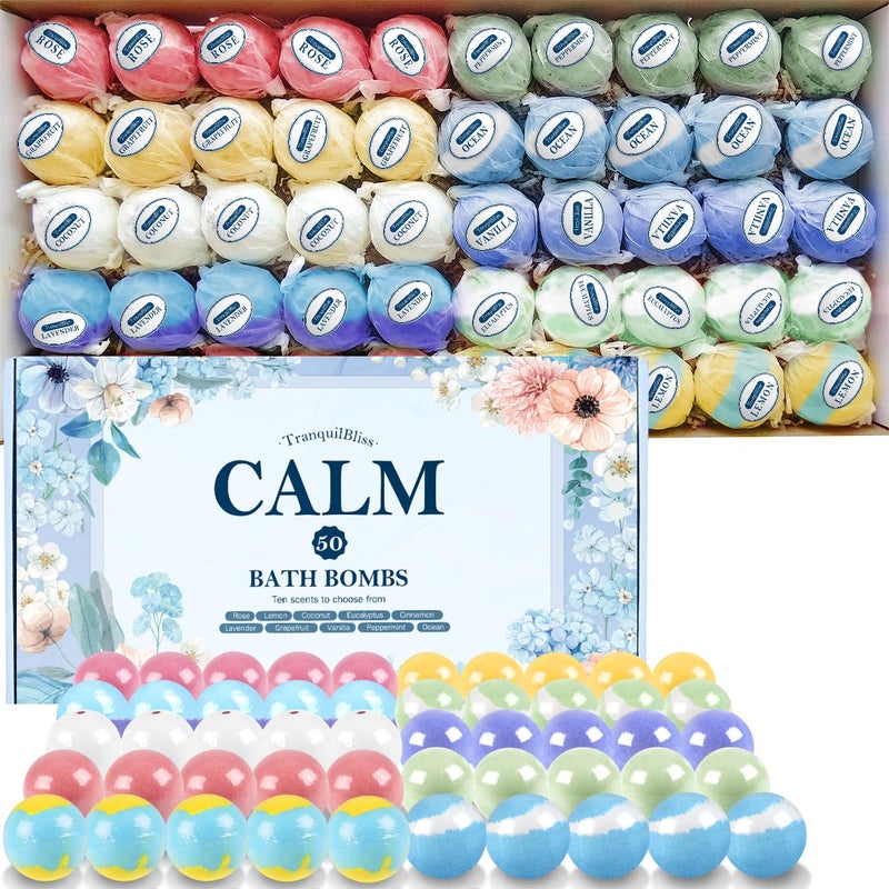 TranquilBliss Bath Bombs Set 50 PCS with 10 Rich Scents Bath Bombs for Women Natural Bubble Bombs with Shea Butter Safe Oil Ideal for Christmas Birthday Valentines Day Mothers Day Present