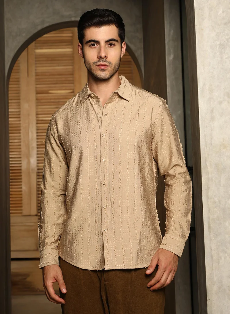 Campus Sutra Men's Khaki Beige Wicker-Tactile Shirt