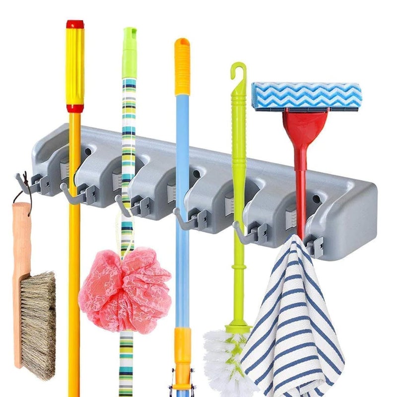 JEJDA Wall Mounted Mop and Broom Holder 5 Slot Position with 6 Hooks Garage Storage Holder up to 11Tools