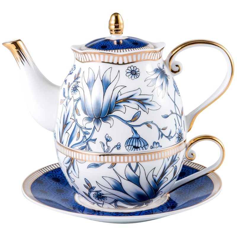 ACMLIFE Tea for One Teapot and Cup Set Vintage Floral Porcelain Tea Set for One Bone China Teapot Set Tea Pot Set Gift for Women Blue