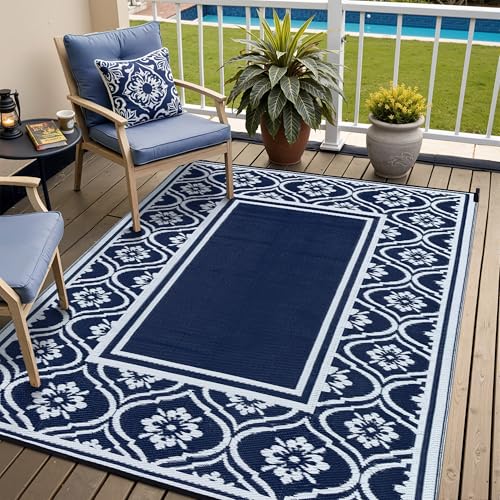 HUGEAR Plastic Outdoor Rug 6x9 Waterproof Camping Carpet Outside Reversible Area Rug Blue Rugs for RV Deck Entryance Porch Picnic Balcony Beach