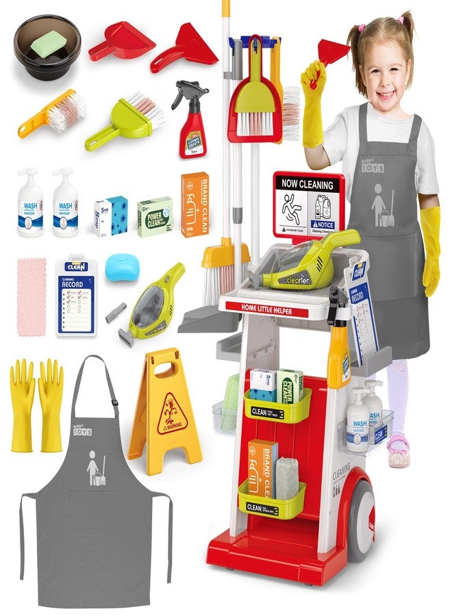 deAO Kids Cleaning Set for Toddler, Pretend Play Housekeeping Toy with Cleaning Carts Includes Real Working Vacuum Cleaner, Broom, Dust and More (Red) - Image 1
