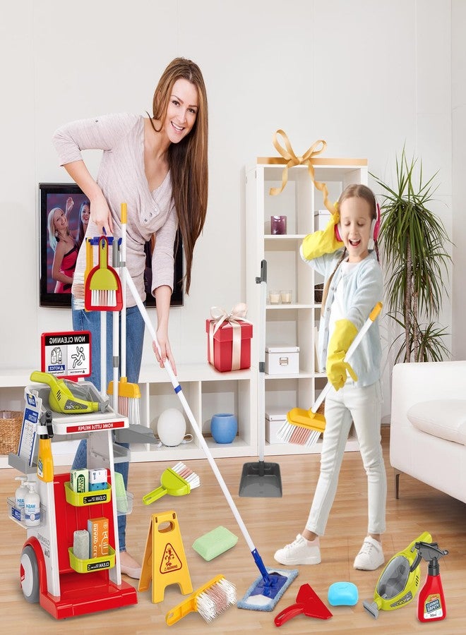 deAO Kids Cleaning Set for Toddler, Pretend Play Housekeeping Toy with Cleaning Carts Includes Real Working Vacuum Cleaner, Broom, Dust and More (Red) - Image 4