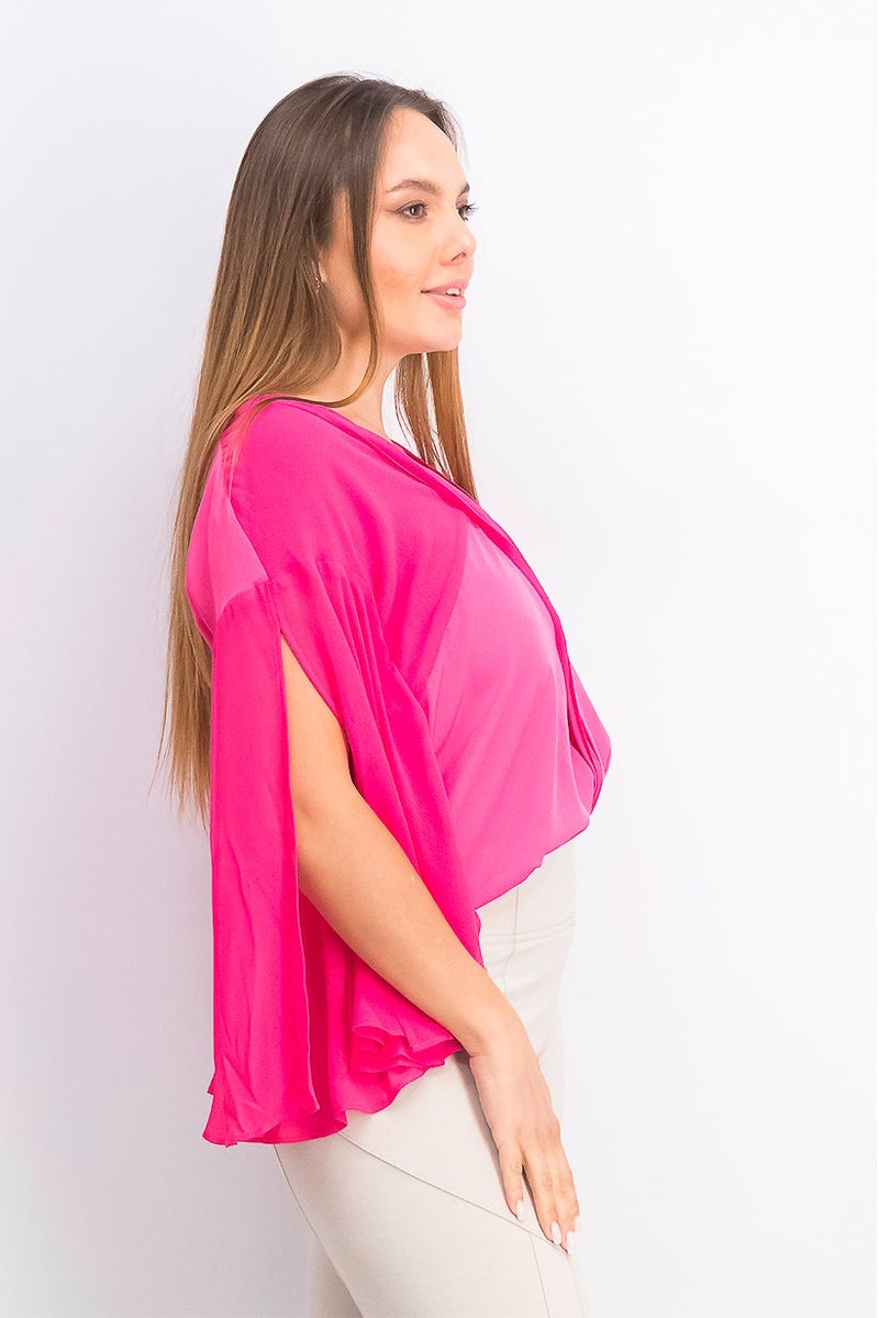 Marciano Women V-Neck Cape Sleeve Pleat Detailed Bodysuit, Fuchsia - Image 3