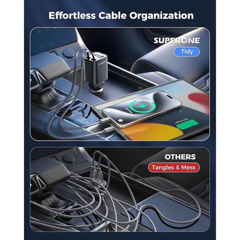شاحن سيارة قابل للسحب، شاحن هاتف سيارة سوبرون 99 واط مع كابلات شحن سريع، محول شاحن سيارة USB C لايفون 17 16 15 14 13 12، سامسونج، اسود - Image 2
