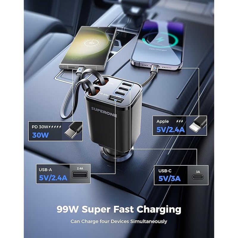 شاحن سيارة قابل للسحب، شاحن هاتف سيارة سوبرون 99 واط مع كابلات شحن سريع، محول شاحن سيارة USB C لايفون 17 16 15 14 13 12، سامسونج، اسود - Image 4