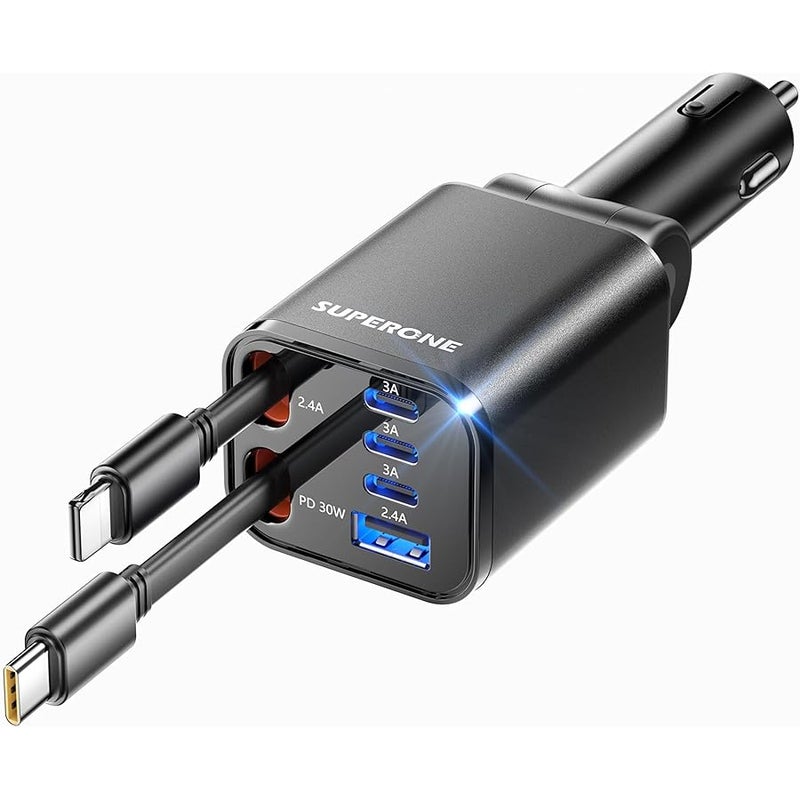 شاحن سيارة قابل للسحب، شاحن هاتف سيارة سوبرون 99 واط مع كابلات شحن سريع، محول شاحن سيارة USB C لايفون 17 16 15 14 13 12، سامسونج، اسود - Image 1