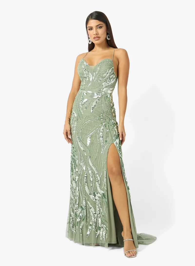 Namshi x Floral Bead Embellished Evening Gown with Slit