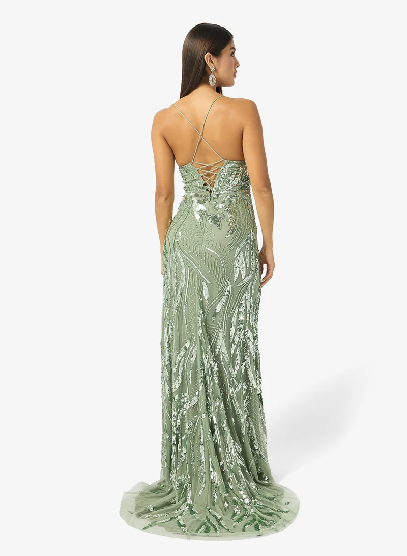 Namshi x Floral Bead Embellished Evening Gown with Slit