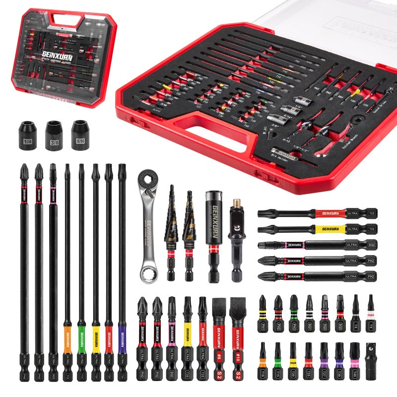 Geinxurn 44Pcs Tools Set Packaged Impact Screwdriver Bits,Ratchet Wrench, Socket Driver, Sockets, Step Drill, 1/4â€Socket Adapter and Impact Bit Holder with Tool Box Storage for Home Repairs, DIY - Image 1