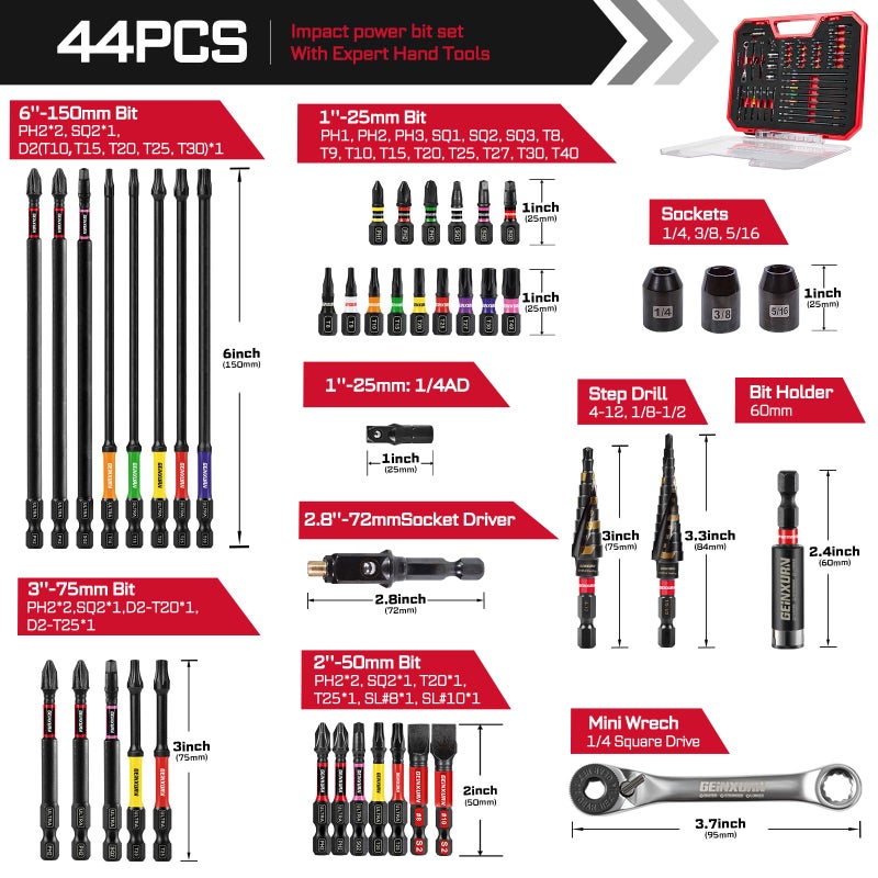 Geinxurn 44Pcs Tools Set Packaged Impact Screwdriver Bits,Ratchet Wrench, Socket Driver, Sockets, Step Drill, 1/4â€Socket Adapter and Impact Bit Holder with Tool Box Storage for Home Repairs, DIY - Image 2