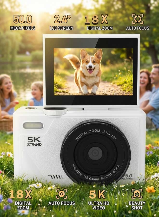 kids Digital Camera, 5K Vlogging Camera for Photography and Video,18X Digital Cameras with 3" 180° Flip Screen, Wide Angle & Macro Lens, Anti-Shake Compact Travel Camera for Beginner Gift
