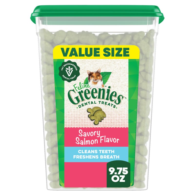 Greenies Feline Veterinarian-Recommended Adult Natural Dental Cat Treats, Savory Salmon Flavor, 9.75 oz. Tub - Image 1
