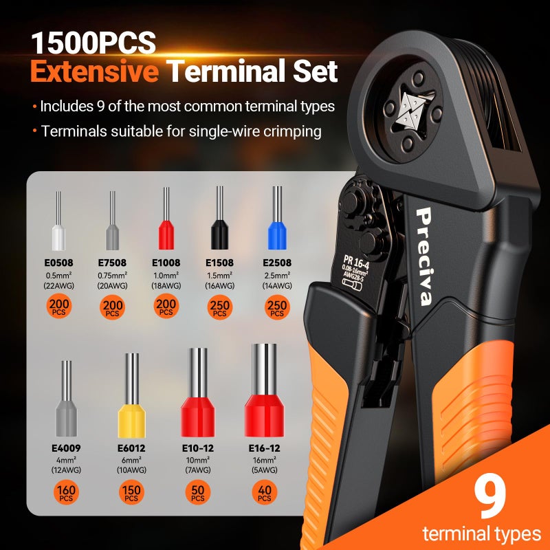 Preciva Ferrule Crimping Tool Kit - AWG 28-5 (0.08-16mmÂ²) Self-Adjustable Ratchet Ferrule Terminals Crimping Tool, Quadrilateral Ferrule Crimper with 1500Pcs Ferrules Connectors - Image 4