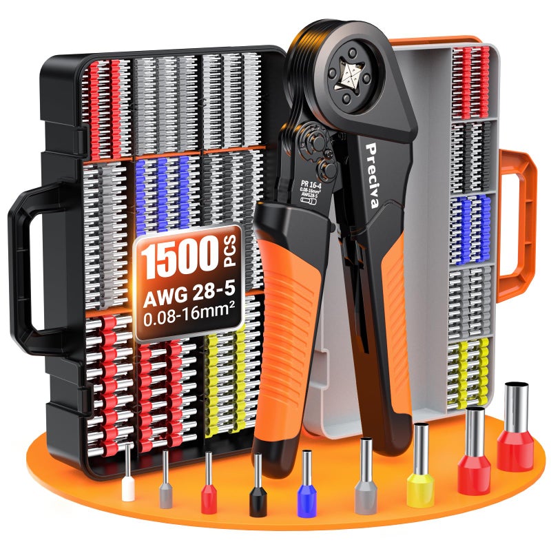 Preciva Ferrule Crimping Tool Kit - AWG 28-5 (0.08-16mmÂ²) Self-Adjustable Ratchet Ferrule Terminals Crimping Tool, Quadrilateral Ferrule Crimper with 1500Pcs Ferrules Connectors - Image 1