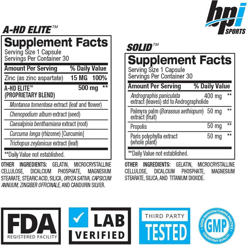 BPI SPORTS مُعزز التستوستيرون BPI Sports AHD EliteSolid للرجال  مُكمل التستوستيرون لقوة العضلات والرغبة الجنسية ودعم الأداء  يعزز فقدان الدهون الطبيعي  30 حصة  550 ملغ - Image 5