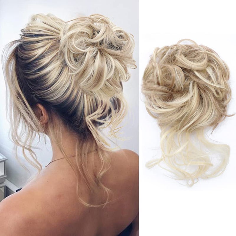 KETHBE KETHBE Messy Bun Hair Piece Tousled Updo Hair Buns Extension Elastic Hair Band Hair Pieces Curly Hair Bun Scrunchie For Women Highlights Blonde 