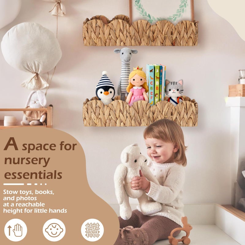 AceOrbit 2 Set Scalloped Nursery Book Shelves 15.8 Inch Woven Natural Water Hyacinth Bookshelf Wall Mounted Hanging Boho Wicker Book Shelf for Bedroom Nursery Decor and Storage - Image 5