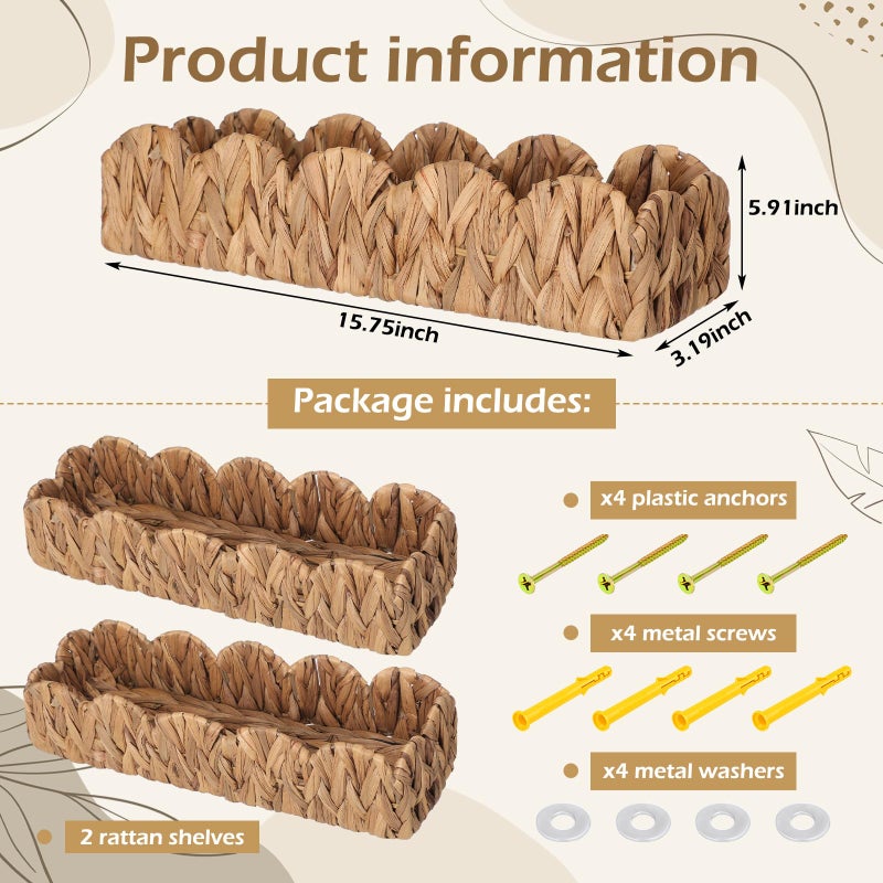 AceOrbit 2 Set Scalloped Nursery Book Shelves 15.8 Inch Woven Natural Water Hyacinth Bookshelf Wall Mounted Hanging Boho Wicker Book Shelf for Bedroom Nursery Decor and Storage - Image 2