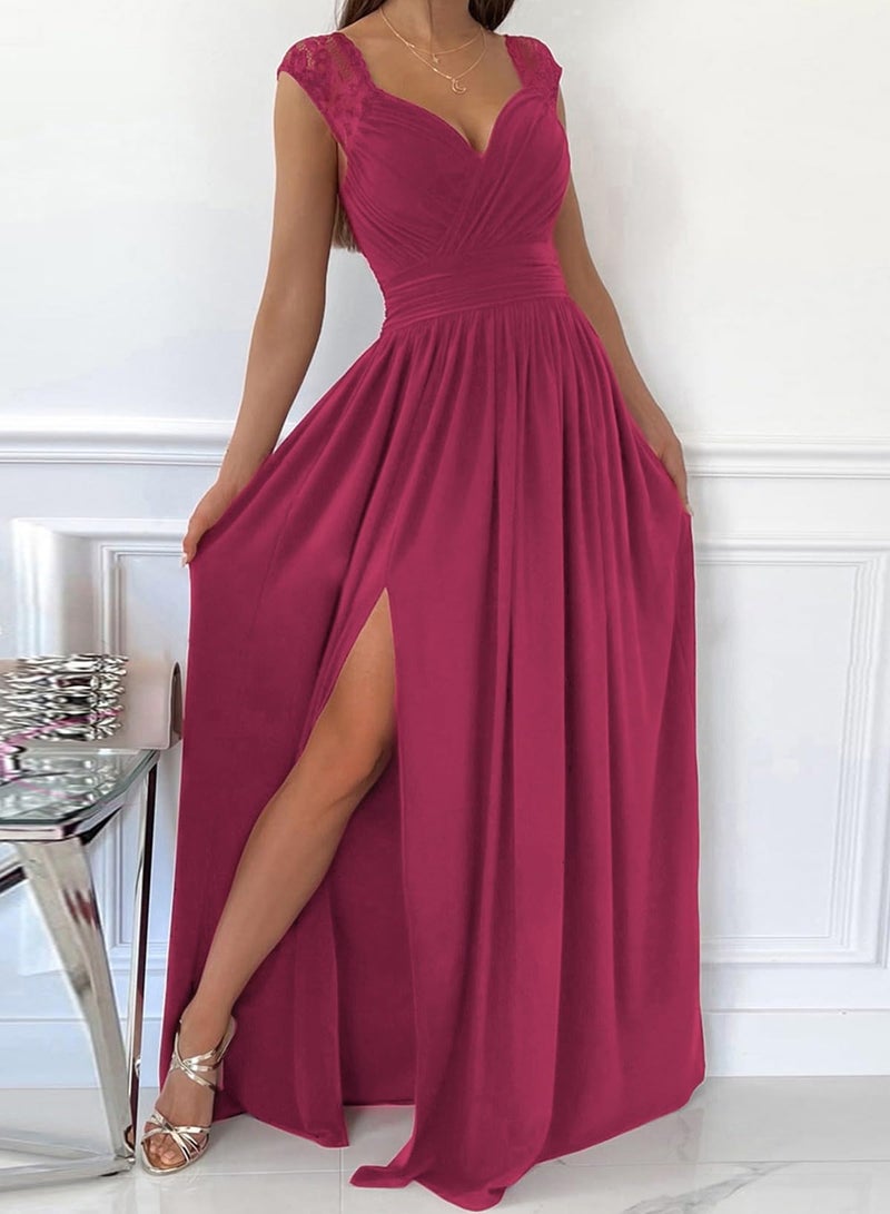 Dokotoo Womens Ladies Elegant Floor Length A Line Wrap Deep V Neck Backless Ruched Pleated Ruffled Split Long Maxi Formal Evening Party Prom Dress Bridesmaid Wedding Guest Dresses for Women Red XL - Image 3